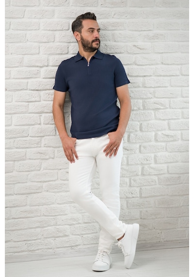 San&fa Slimfit Fermuar Kapamalı Rayon Kumaş Likralı Polo Yaka T-shirt Lacivert