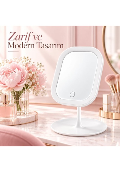 Led Işıklı Masaüstü Ayna, Dokunmatik Kontrol, Tepsili Taban, Kozmetik Model, Makyaj Aynası Beyaz, Dikdörtgen Genel