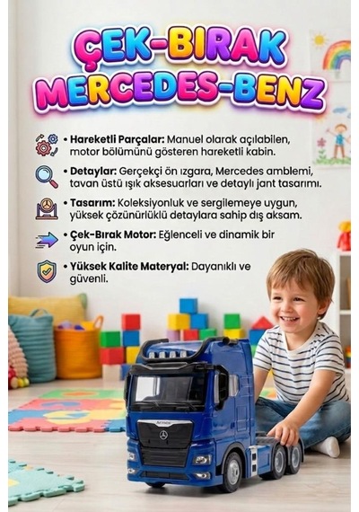 Mercedes Actroc Çek-bırak Mekanizmalı Metal Gerçekçi Tasarımlı Devrilebilir Kabinli Oyuncak Tır Mavi