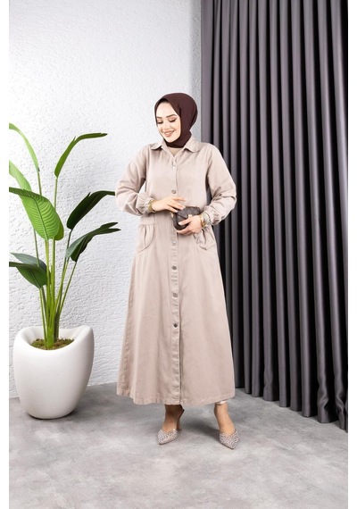Harman Butik Kadın Düğmeli Torba Cepli Gabardin Kap Bej Bej