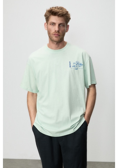 Grımelange Alonzo Erkek Oversize Fit %100 Pamuk Nakışlı Ve Baskılı Mint Yeşil T-shirt Mint Yeşili