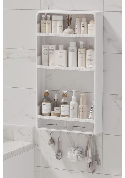 Walle Yapışkanlı Duvar Rafı, Banyo Mutfak Organizeri, 70x40x10 Cm, Beyaz, Çekmeceli Kancalı Muk-02-14