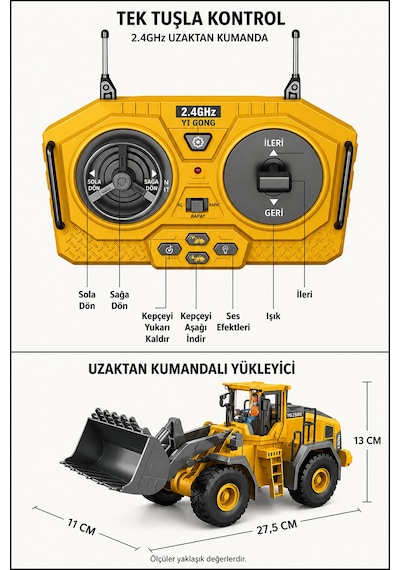Işıklı Sesli Full Fonksiyon Metal Hareketli Kepçe 2.4ghz Uzaktan Kumandalı Loader 9 Kanal Sarı