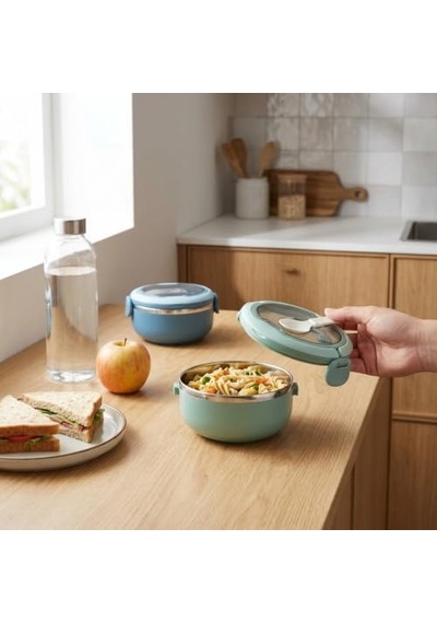 Deconox 700 Ml Paslanmaz Çelik Yemek Kabı, Kaşıklı, Saplı Ve Kilitli Yuvarlak Lunch Box, Mavi Yeşil Pembe Renk Seçenekli, 12x11x13cm Kapaklı Saklama Ve Taşıma Kabı