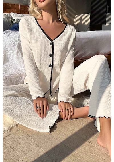 Merry See Özel Örme Kumaş Düğmeli Uzun Kollu Pijama Takımı Beyaz