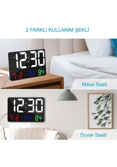 Dijital Duvar Saati Renkli Hd Led Ekran 25x16 Cm Tarih Gün Sıcaklık Alarm Usb Dekoratif