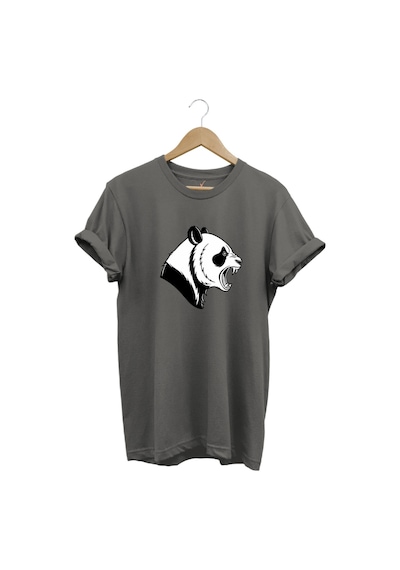 Kızgın Kükreyen Panda Baskılı %100 Pamuk Bisiklet Yaka Regular Fit Gri T-shirt Gri
