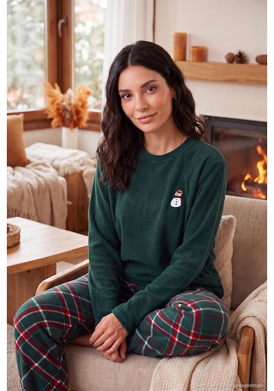 Lela Ekose Desenli Bisiklet Yaka Yumuşak Polar Pijama Takımı Kadın Pijama Takımı 6097059k Nefti