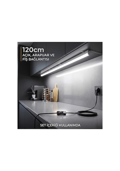 18w T5 Bant Armatür Led Mutfak Tezgah Altı Aydınlatma Seti ,120cm Led Tak Çalıştır, 1.5 Metre Ara Puarlı Kablolu Fişli, Beyaz Beyaz