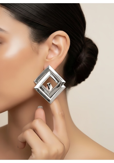 Çift Kare Model İçiçe Spiral Silver Gümüş Renk Küpe 5cm Gümüş