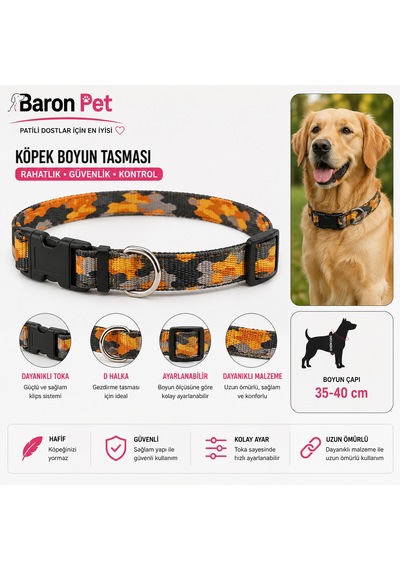 Köpek Boyun Tasması 35-40 Cm Kamuflaj Desenli Klips Tokalı Ayarlanabilir - Turuncu Çok Renkli