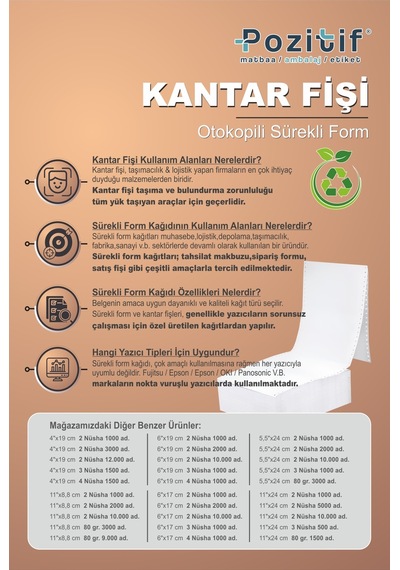11x8,8 Plasiyer Fişi 2 Nüsha 1000 Adet, Beyaz Otokopili Sürekli Form 11''x8,8 Cm