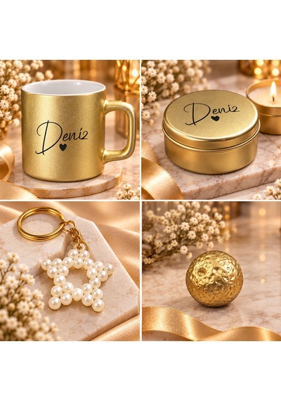 Bk Gift Kişiye Özel İsimli Gold Kahve Fincanı & Mum & Mdf Altlıklı Dekor & Anahtarlık - Hediye Kutulu Gold Set-5