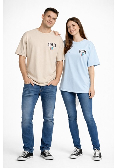 Nevermind Anne Baba Kombini Mom Dad Baskılı Çift Tişört Oversize Unisex 2 L Bej