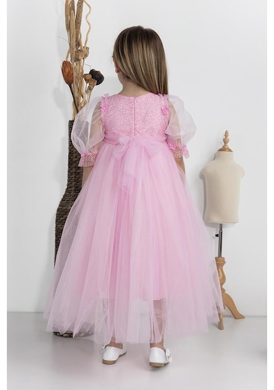 Babyhola Kız Çocuk Abiye Elbise Balon Kol Bayramlık Mezuniyet Balo Gelinlik 5006 Pembe