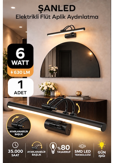 6w Elektrikli Flüt Led Aplik Siyah Renk Gün Işığı Ayarlanabilir Başlık 1 Adet