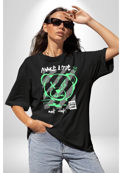 Savaşma Teddy Bear Pamuklu Bisiklet Yaka Unisex Oversize Boyfriend Dijital Baskılı Siyah T-shirt Siyah