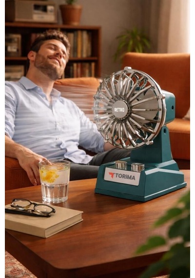 Özel Üretim Şarjlı Masaüstü Vantilatör Retro Tasarım F51 Mavi Ofis Fan Çalışma