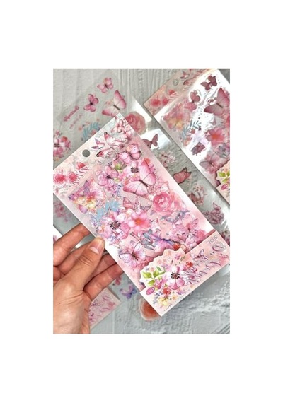 Şeffaf Sticker Seti - 60 Adet, Pembe Kelebek Tasarımlı Abanoz