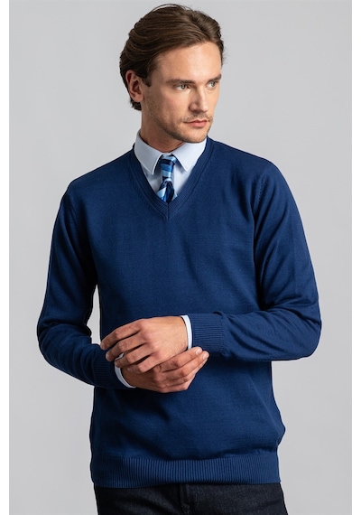 Tudors Slim Fit Dar Kesim V Yaka Pamuklu Erkek Kazak-22478 Mavi