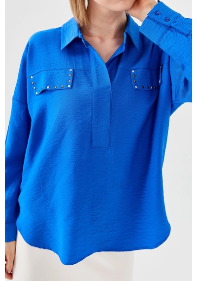 Desen Triko Kadın Polo Yaka Cepli Bluz 23485 Saks Desen Triko Kadın Polo Yaka Cepli Bluz 23485 Saks