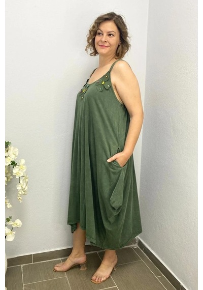 Mia Butik Büyük Beden Haki Pamuklu Şalvar Kesim Çiçekli Elbise Haki