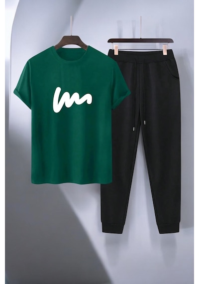Uyguntarz Unisex W Yazı Tasarım Basklı Tshirt Eşofman Takımı Yeşil