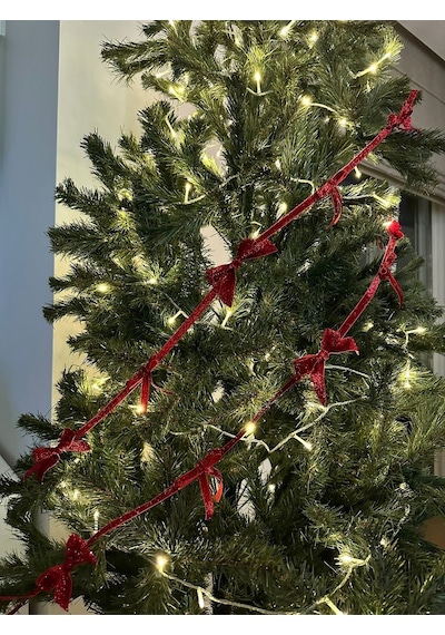 Yılbaşı Kırmızı Simli Kadife Kurdele Fiyonk Noel Çam Ağaç Süsü 1 Adet