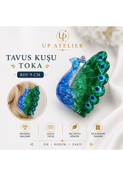 Tavus Kuşu Kemik Toka 9cm Lacivert- Yeşil