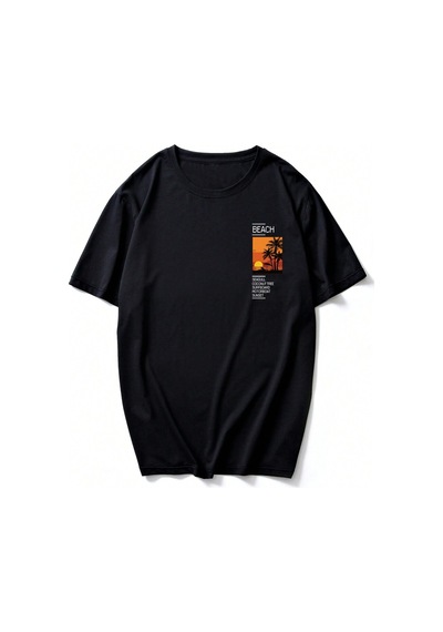 T-shirt - Beach Baskılı Oversize Bisiklet Yaka Kısa Kol Tişört Siyah
