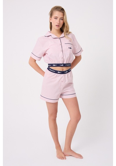 Lespadon Marısılk Seastrıpe Kadın Yazlık Şortlu Crop Gömlekli Pijama & Lounge Takımı -3194 Pudra