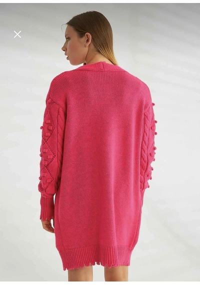 Örgü İşleme Detaylı Pembe Hırka-357 Pembe
