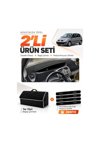 E-biz Renault Scenıc 2 2003-2009 Uyumlu Torpido Örtüsü + Tay Tüyü Çanta - Siyah-gri - Re044