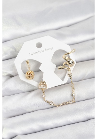 Pirinç Gold Renk Yılan Model Zincir Bağlantılı Ear Cuff Küpe Seti
