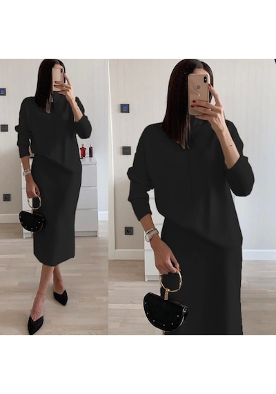 Defymoda Kadın Uzun Kollu Boğazlı Kazak Ve Yanı Yırtmaçlı Etek Akrilik Ikili Takım Siyah
