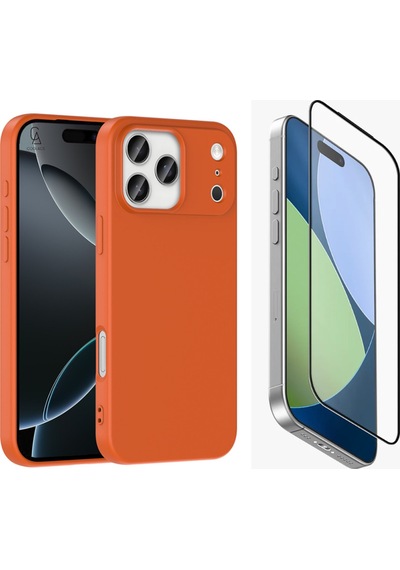 Apple Uyumlu iPhone 17 Pro Içi Kadife Lansman Kılıf Ve Mat Seramik Tam Kaplayan Cam Ekran Koruyucu Turuncu