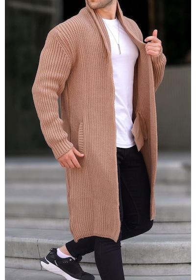 Madmext Camel Dik Yaka Cepli Uzun Triko Hırka 6816-camel Camel