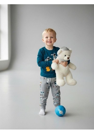 Zekids Erkek Çocuk Space Up Astronot Baskılı Uzun Kollu Pijama Takımı-16843 Yeşil