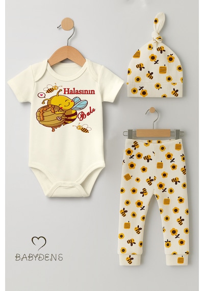 Babyden's 3 Lü Yenidoğan Takım Halasının Balı Baskılı Kısa Kol Body Arı Çiçek Desenli Pantolon Bere Ekru