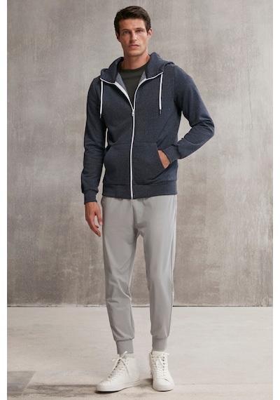 Grimelange Core Erkek Fermuarlı Yüksek Yaka Kapüşonlu Kordonlu Içi Polarlı Lacivert Sweatshirt
