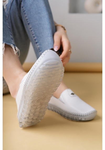 Nesilshoes Nesil Shoes Knc 14 Beyaz Hakiki Deri Şeffaf Taban Kadın Ayakkabı