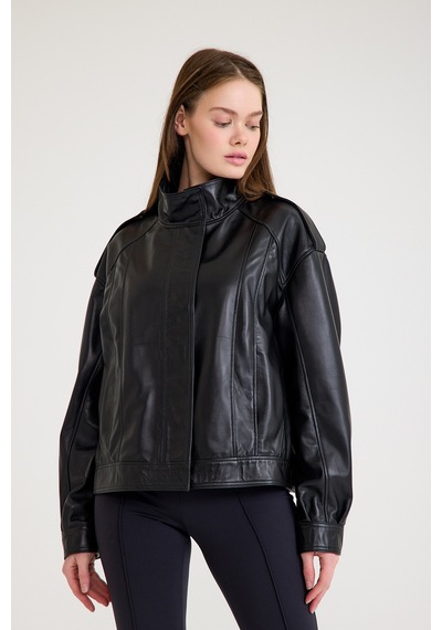 Oversize Bayan Deri Ceket Vb-12-bk-2828-24083 Siyah