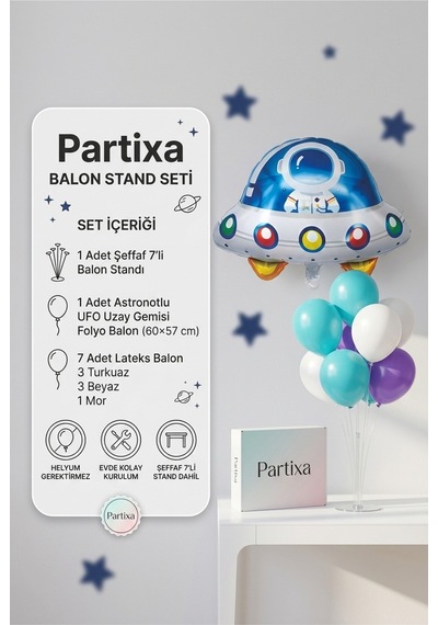 Ufo Uzay Gemisi Balon Stand Seti Şeffaf 7 Li Stand + Ufo Folyo Balon + 7 Lateks Balon Turkuaz-beyaz-mor
