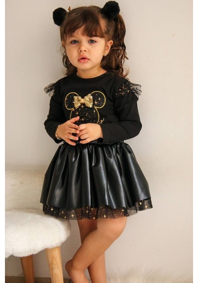 Berfonzo Kids Kız Çocuk Deri Etekli İkili Takım Siyah