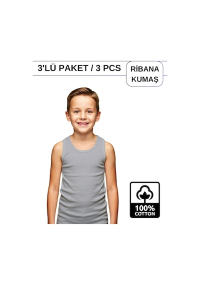 Alya Underwear Erkek Çocuk Pamuk Ribana Atlet Oval Yaka 3'lü Paket Gri-tgm