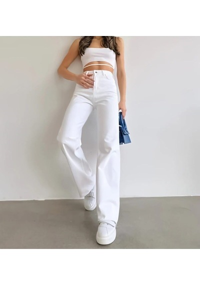 2020 Kadın Likrasız Palazzo Jeans Kot Denim Pantolon Beyaz