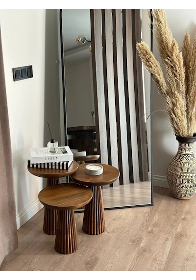 Wood Wooden 3 Lü Set Fitilli Derin Çizgili Mantar Yan Sehpa Moder