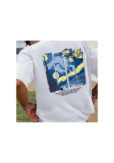 Caddemia Yaz Moda Rahat Gevşek Spor Yağlıboya Desen Baskılı Yuvarlak Boyun Kısa Kollu Beyaz 2XL Caddemia Yaz Moda Rahat Gevşek Spor Yağlıboya Desen Baskılı Yuvarlak Boyun Kısa Kollu Beyaz 2XL