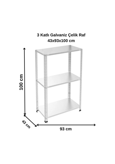 3 Katlı Galvaniz Çelik Raf - Depo, Arşiv, Kiler, Dosya, Market Rafı 43x93x100 Cm Gri