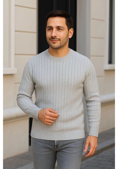 Butik İstanbul Erkek Bisiklet Yuvarlak Yaka Triko Kazak Pamuklu Kalın Fitilli Dokuma, Regular Fit Uzun Kollu Kışlık Model - Gri